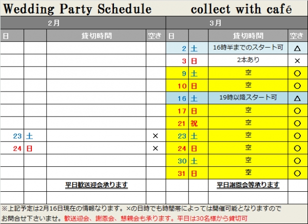 2019年2月16日現在3月空き状況